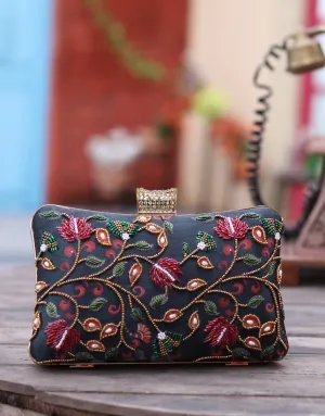 NR By Nidhi Rathi Black Red Embellished Box Clutch