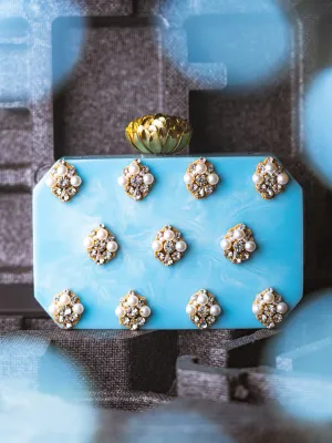 NR By Nidhi Rathi Blue White Embellished Box Clutch