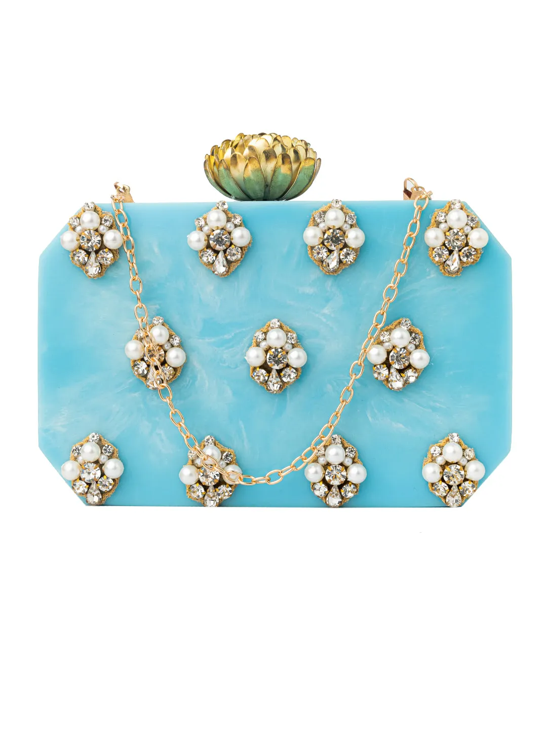 NR By Nidhi Rathi Blue White Embellished Box Clutch