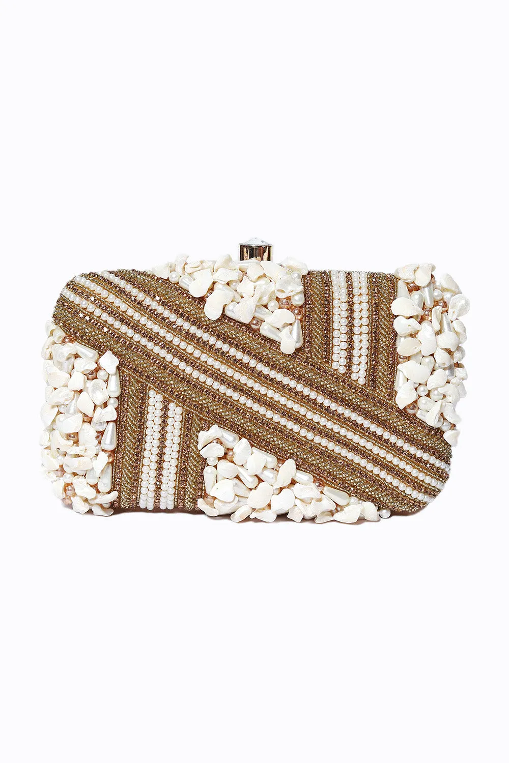 NR By Nidhi Rathi Gold-Toned White Embellished Box Clutch