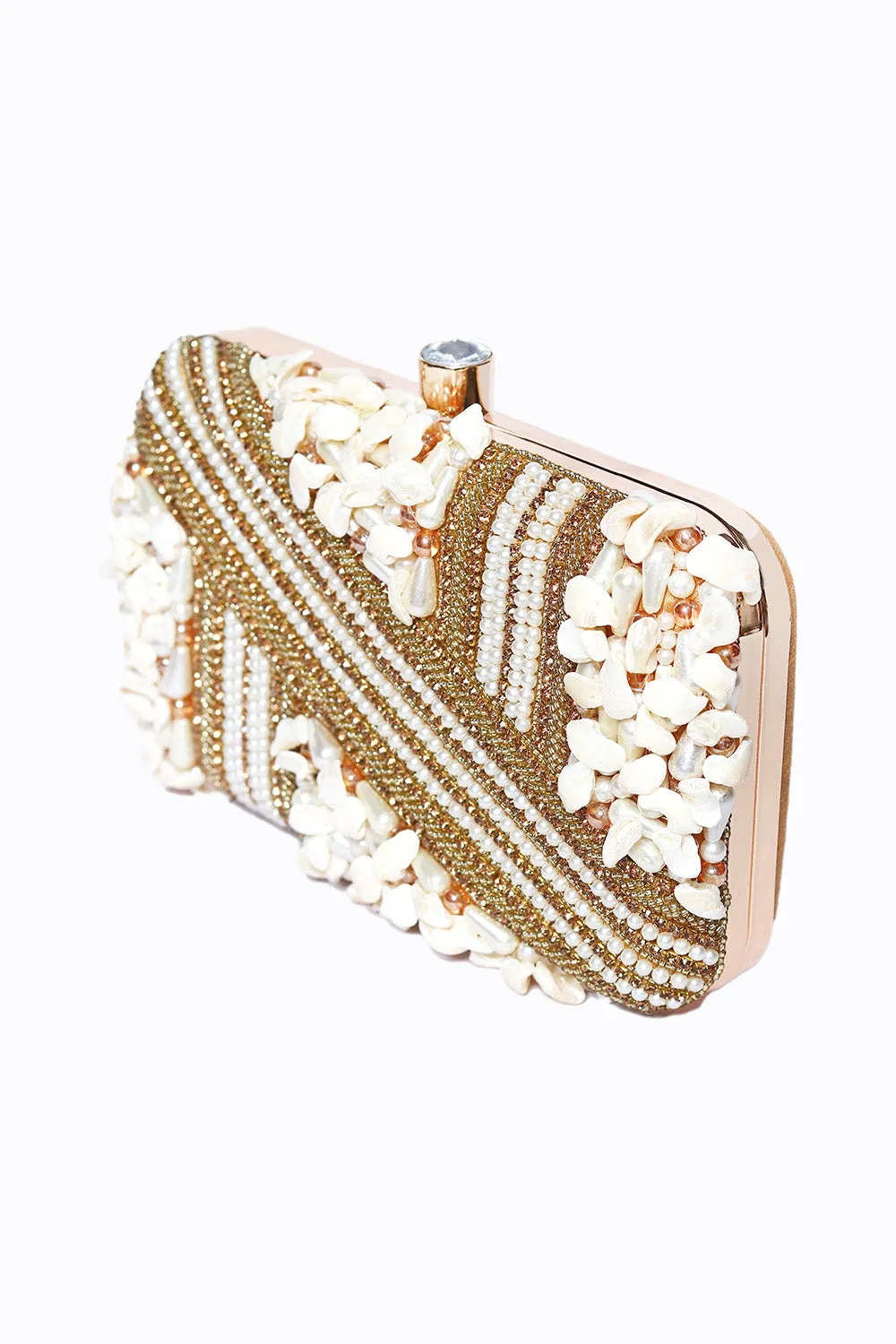 NR By Nidhi Rathi Gold-Toned White Embellished Box Clutch