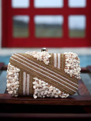 NR By Nidhi Rathi Gold-Toned White Embellished Box Clutch