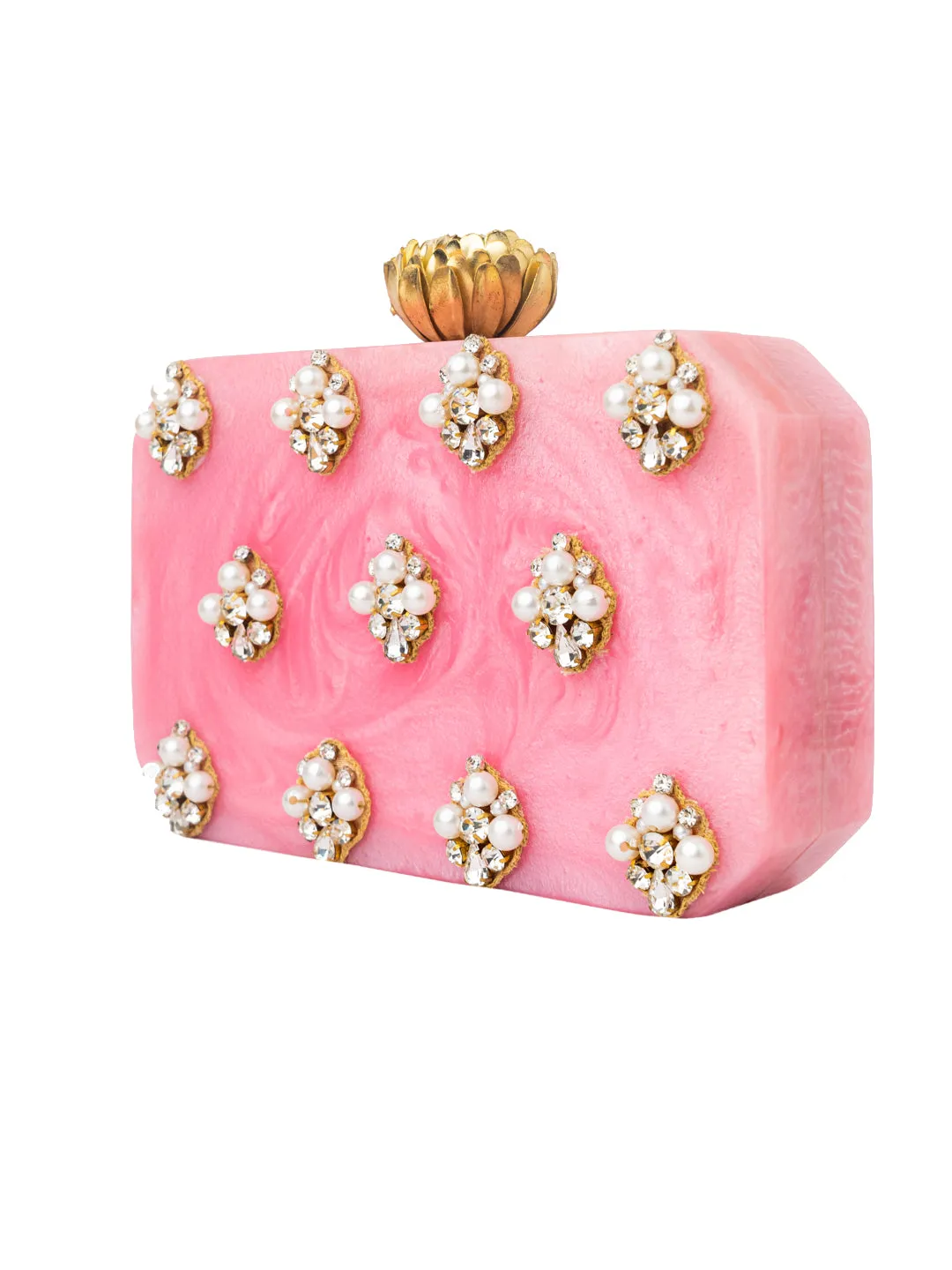 NR By Nidhi Rathi Pink White Embellished Box Clutch