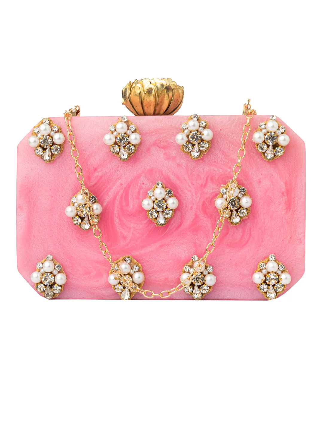 NR By Nidhi Rathi Pink White Embellished Box Clutch
