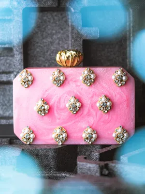 NR By Nidhi Rathi Pink White Embellished Box Clutch
