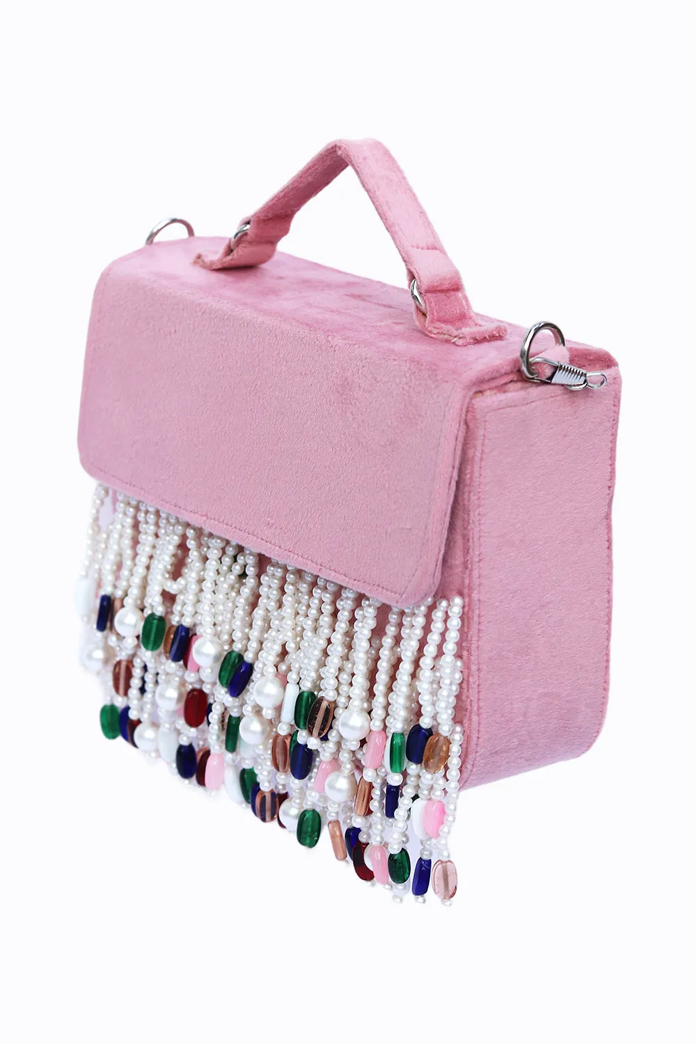 NR By Nidhi Rathi Pink White Embellished Tasselled Purse Clutch