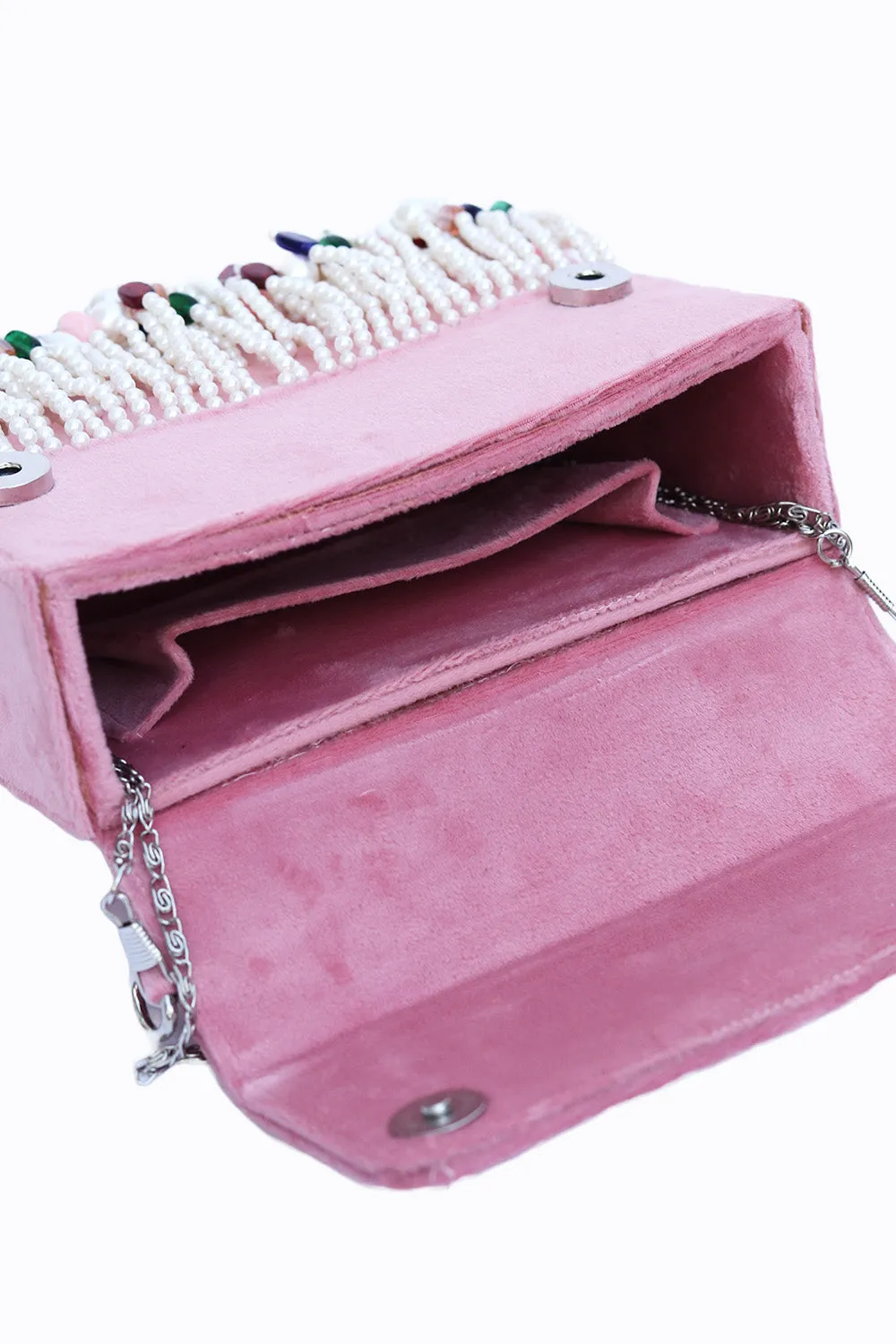 NR By Nidhi Rathi Pink White Embellished Tasselled Purse Clutch