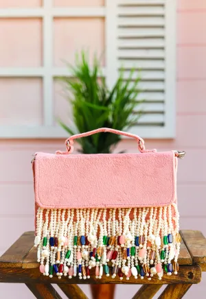 NR By Nidhi Rathi Pink White Embellished Tasselled Purse Clutch