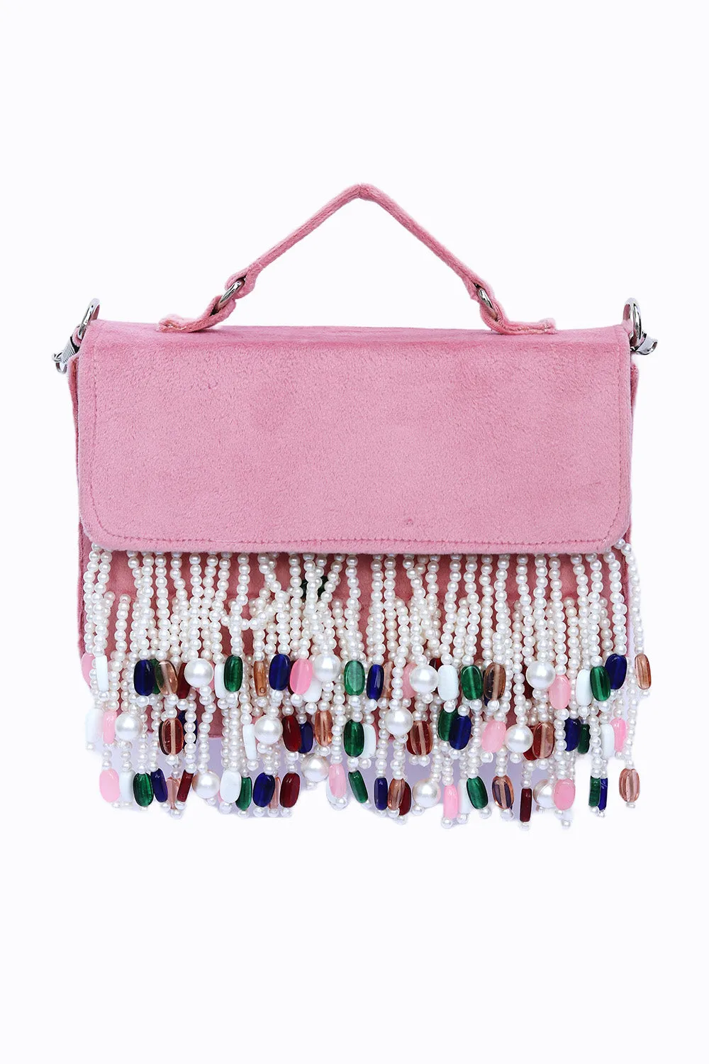 NR By Nidhi Rathi Pink White Embellished Tasselled Purse Clutch