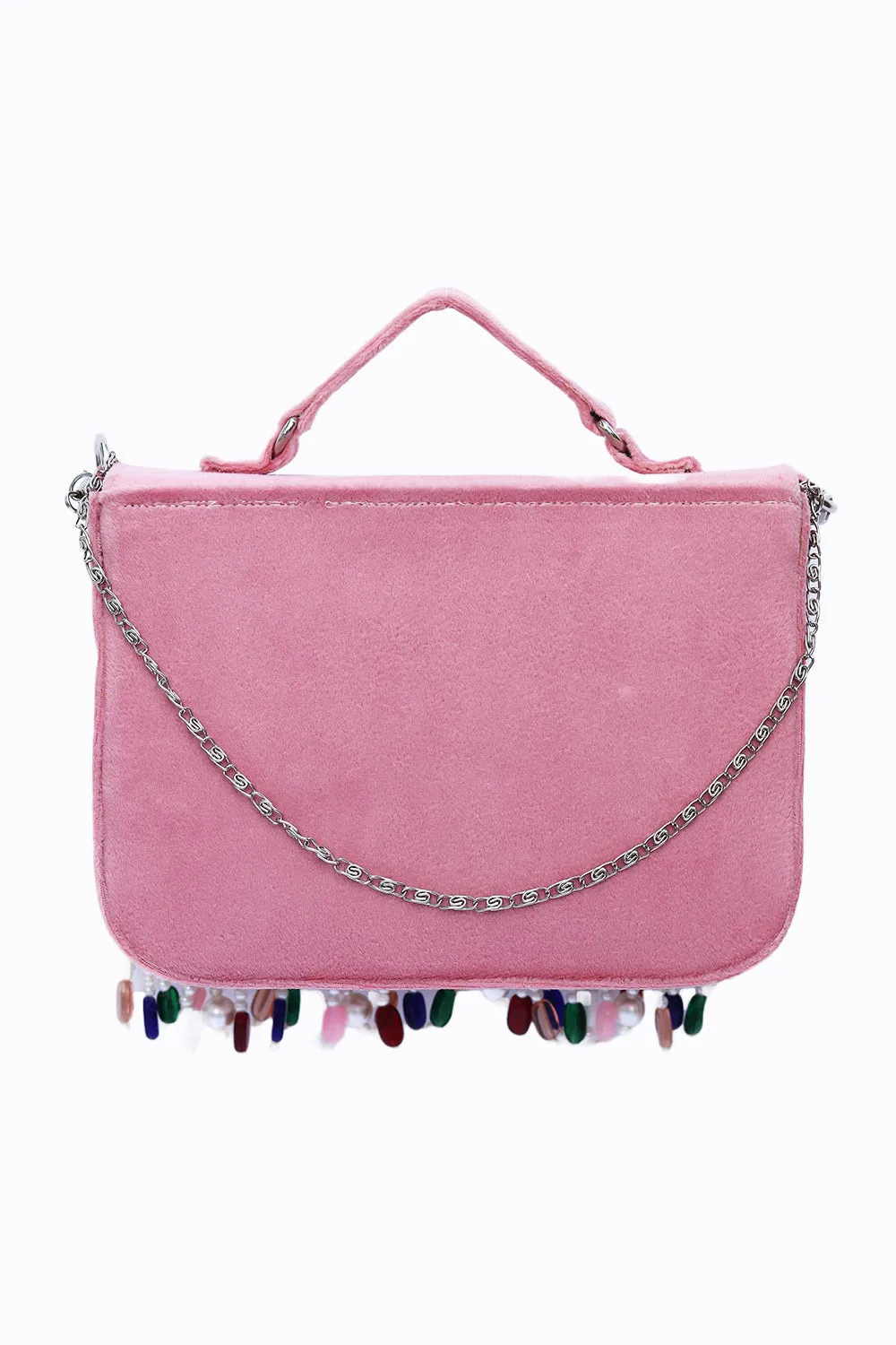 NR By Nidhi Rathi Pink White Embellished Tasselled Purse Clutch