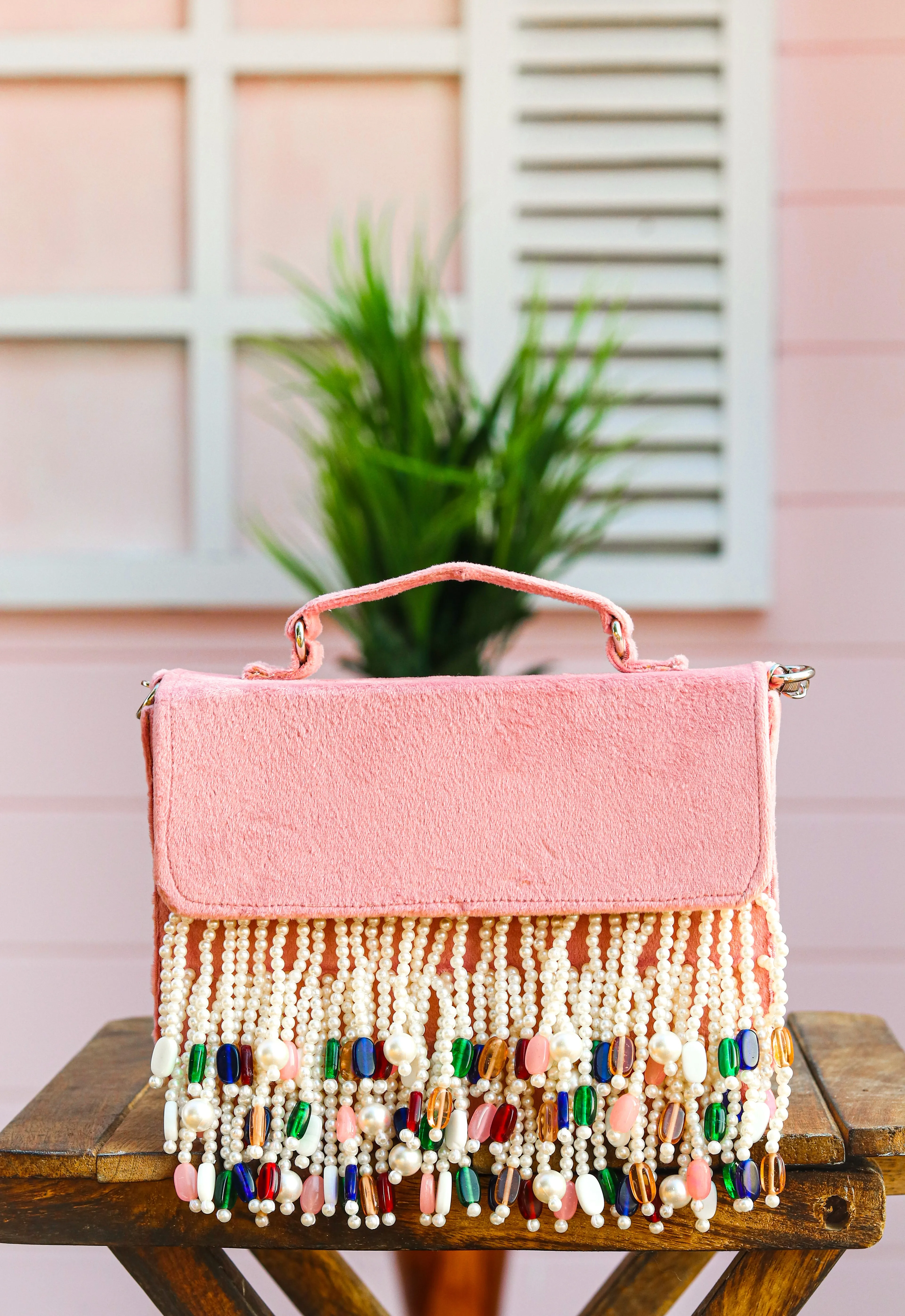 NR By Nidhi Rathi Pink White Embellished Tasselled Purse Clutch