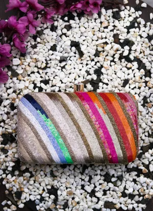 NR By Nidhi Rathi Women Gunmetal-Toned Pink Embroidered Embellished Box Clutch