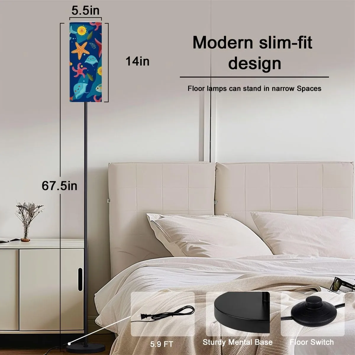 Ocean Marine Seamless Pattern Blue Modern Floor Lamp Minimalist Standing Lamps for Living Room LED Corner Lamp Remote Control Metal Pole Lamp for Bedroom, Reading