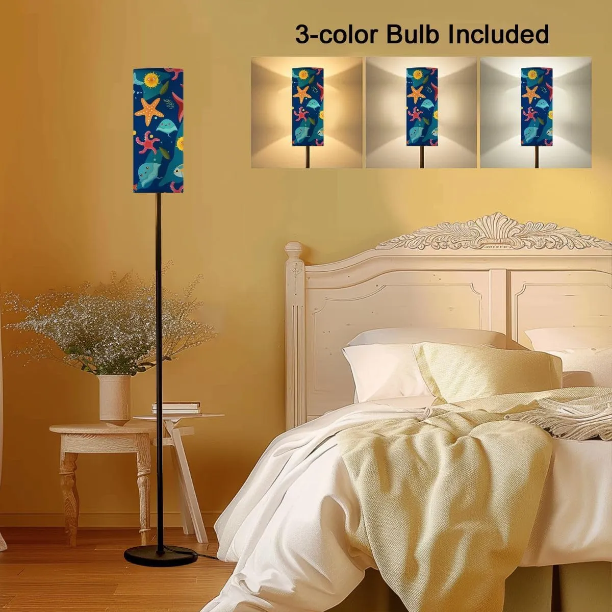 Ocean Marine Seamless Pattern Blue Modern Floor Lamp Minimalist Standing Lamps for Living Room LED Corner Lamp Remote Control Metal Pole Lamp for Bedroom, Reading