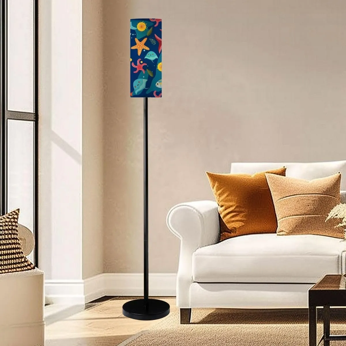 Ocean Marine Seamless Pattern Blue Modern Floor Lamp Minimalist Standing Lamps for Living Room LED Corner Lamp Remote Control Metal Pole Lamp for Bedroom, Reading