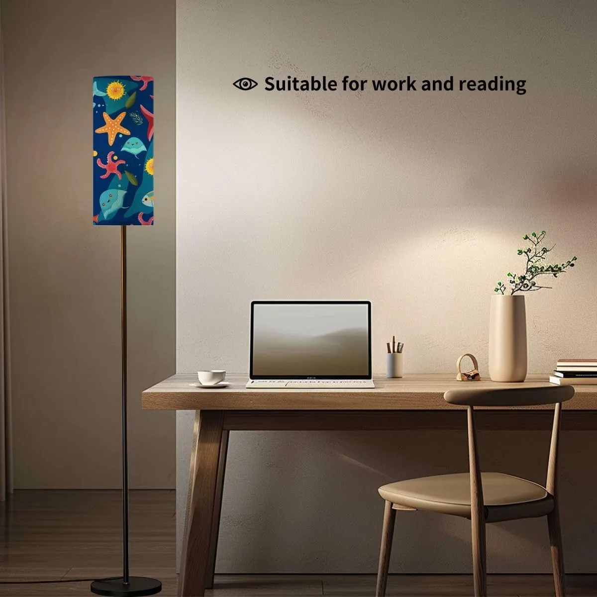 Ocean Marine Seamless Pattern Blue Modern Floor Lamp Minimalist Standing Lamps for Living Room LED Corner Lamp Remote Control Metal Pole Lamp for Bedroom, Reading