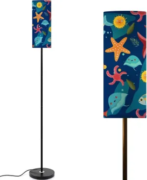 Ocean Marine Seamless Pattern Blue Modern Floor Lamp Minimalist Standing Lamps for Living Room LED Corner Lamp Remote Control Metal Pole Lamp for Bedroom, Reading