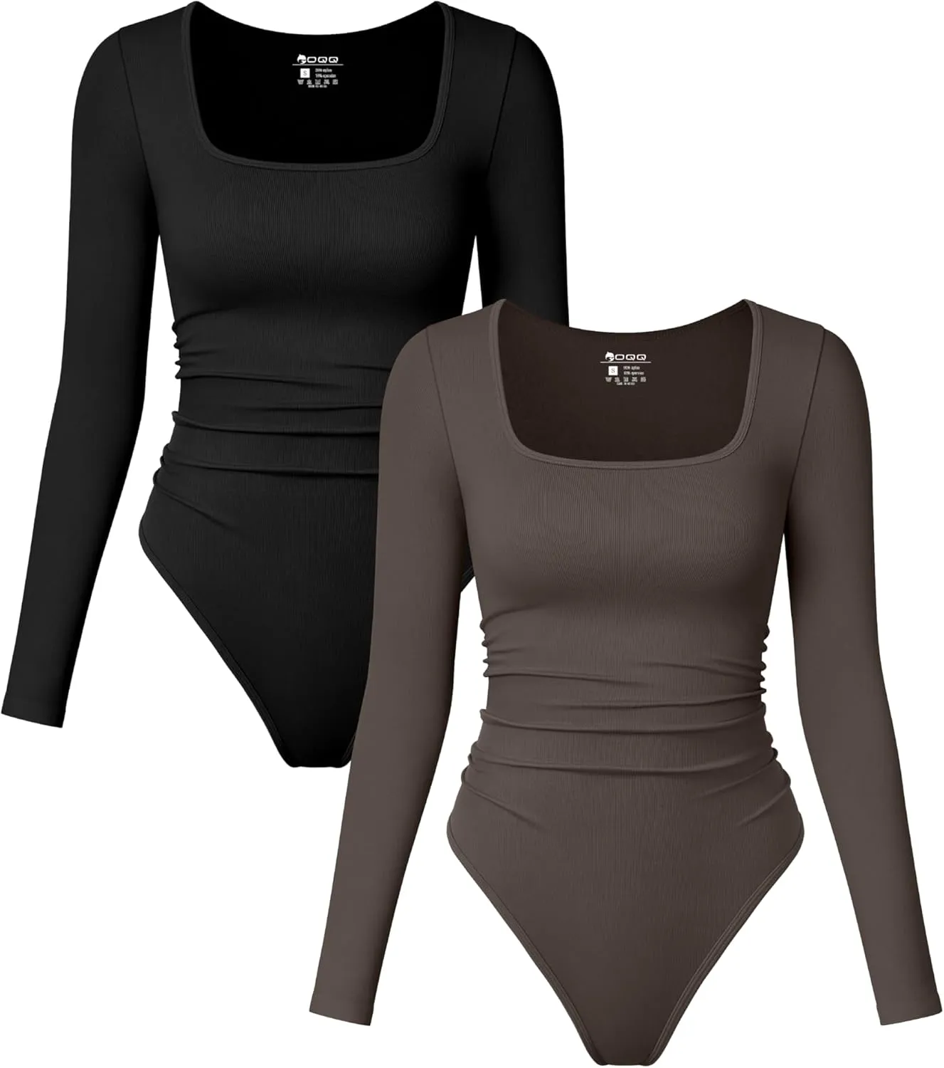 OQQ Womens 2 Piece Bodysuits Long Sleeve Square Neck Ruched Stretch Fitted Bodysuits