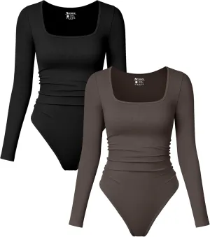 OQQ Womens 2 Piece Bodysuits Long Sleeve Square Neck Ruched Stretch Fitted Bodysuits