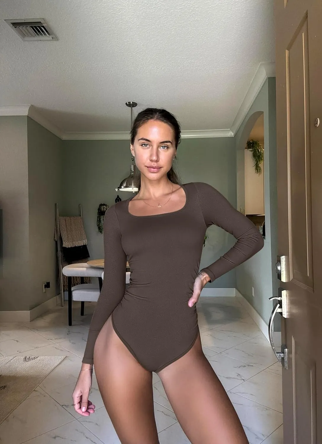 OQQ Womens 2 Piece Bodysuits Long Sleeve Square Neck Ruched Stretch Fitted Bodysuits