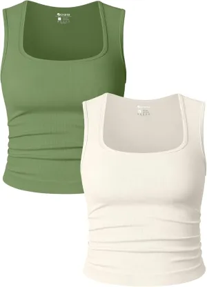 OQQ Womens 2 Piece Crop Tops Rueched Sleeveless Square Neck Stretch Basic Tank Shirts