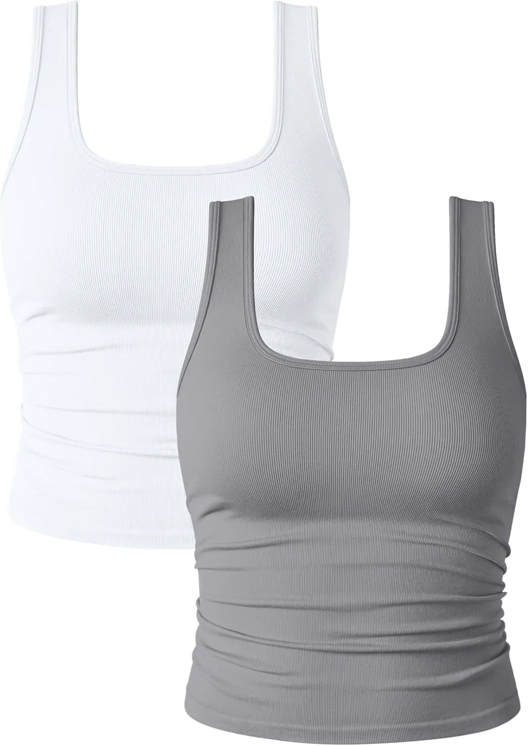 OQQ Womens 2 Piece Shirts Ruched Sleeveless Square Neck Seamless Stretch Fit Basic Tee Tops