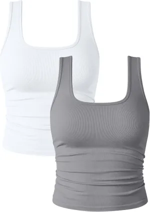 OQQ Womens 2 Piece Shirts Ruched Sleeveless Square Neck Seamless Stretch Fit Basic Tee Tops