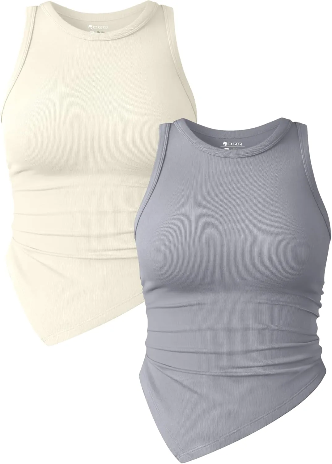 OQQ Women's 2 Piece Tank Tops Ruched Crew Neck Sleeveless Basic Stretch Tee Shirts