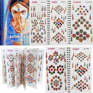 (Original) Spiral Multicolor Mix Size Mix Designer Assorted Velvet Self-Adhesive Paper Cutting Golden Diamond Stone Round Long Sparkle Kumkum Bindi Book For Women & Girl