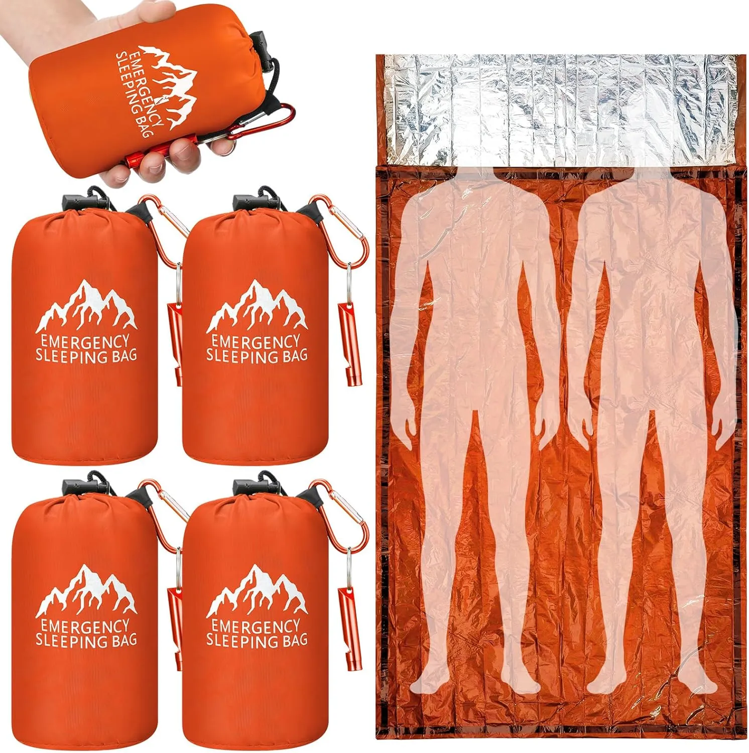 Oudain 6 Pcs XL Emergency Sleeping Bag 94.5" x 49.2" Waterproof Survival Sleeping Bag with Whistle Carabiner Portable Thermal Bivy Sack Emergency Blankets for Camping Hiking Outdoor