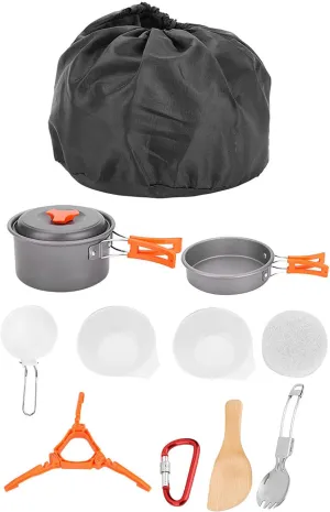 Outdoor Portable Cookware Kit Pot Pan Bowl Spoon Camping Hiking Hunting Accessory for Emergency Preparedness or Survival Green (AT6384-A)