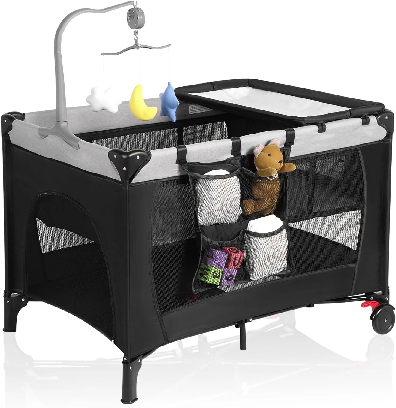 Pack and Play, Travel Crib, with Changing Table, Portable Pack and Play, with Carry Bag, Foldable, Portable Crib for Toddlers 1-3(Black)