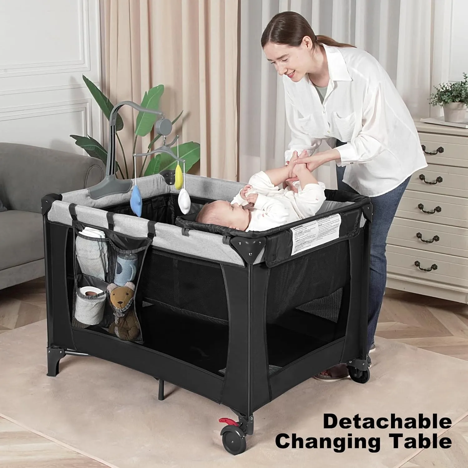 Pack and Play, Travel Crib, with Changing Table, Portable Pack and Play, with Carry Bag, Foldable, Portable Crib for Toddlers 1-3(Black)