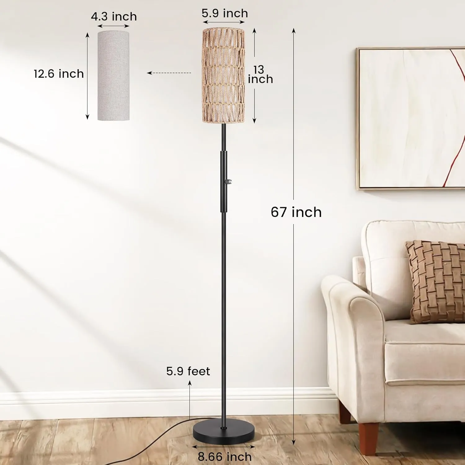 PARTPHONER Boho Floor Lamp for Living Room with 3 Color Temperatures LED Bulb, Standing Lamp Tall Lamp Reading for Bedroom, Office, Kids Room (9W LED Bulb, Rattan & Fabric Shades Included)