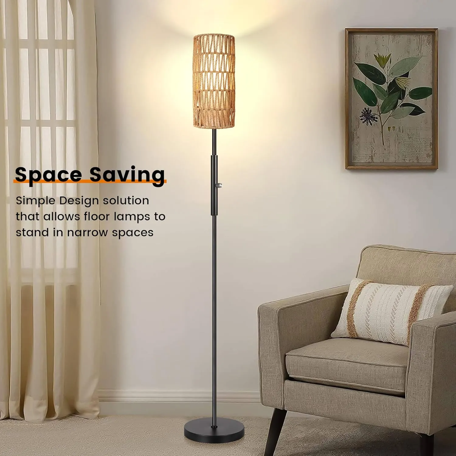PARTPHONER Boho Floor Lamp for Living Room with 3 Color Temperatures LED Bulb, Standing Lamp Tall Lamp Reading for Bedroom, Office, Kids Room (9W LED Bulb, Rattan & Fabric Shades Included)