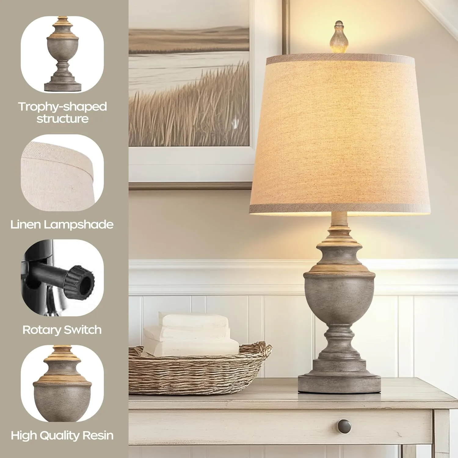 PARTPHONER Retro Table Lamps Set of 2, Bedside Lamp for Bedroom Rustic Farmhouse Table Lamps for Living Room, Vintage Nightstand Lamps with White Shades, Antique Grey