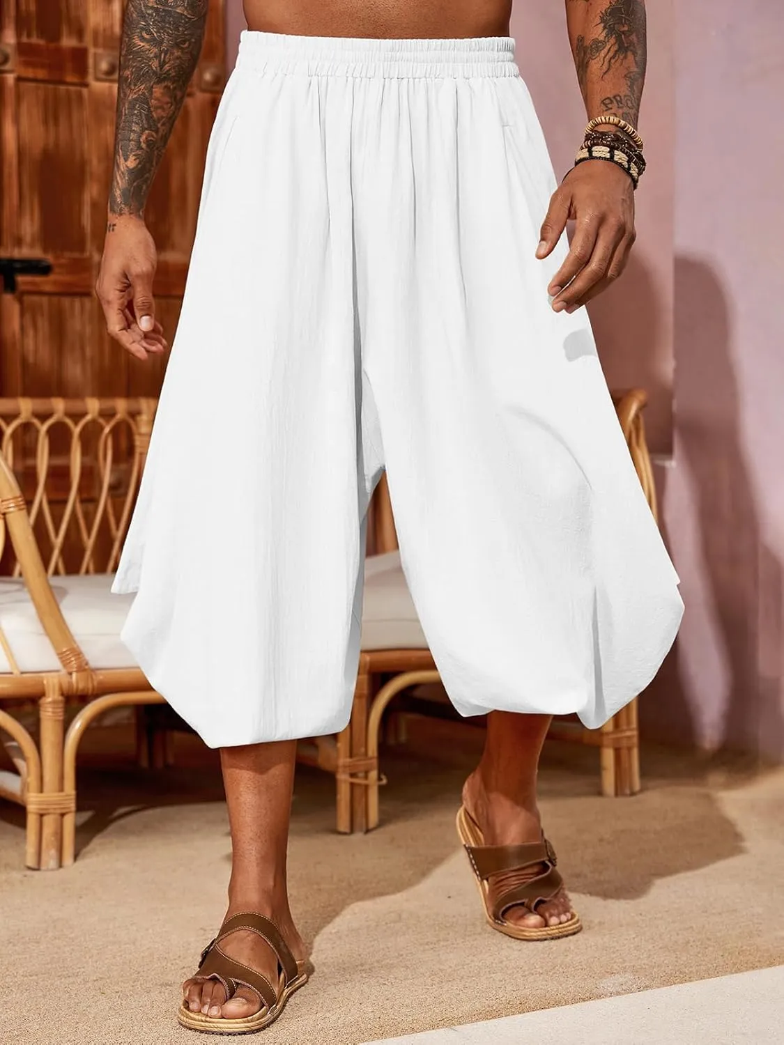 PASLTER Mens Harem Pants Linen Yoga Beach Baggy Summer Boho Aladdin Genie Pants