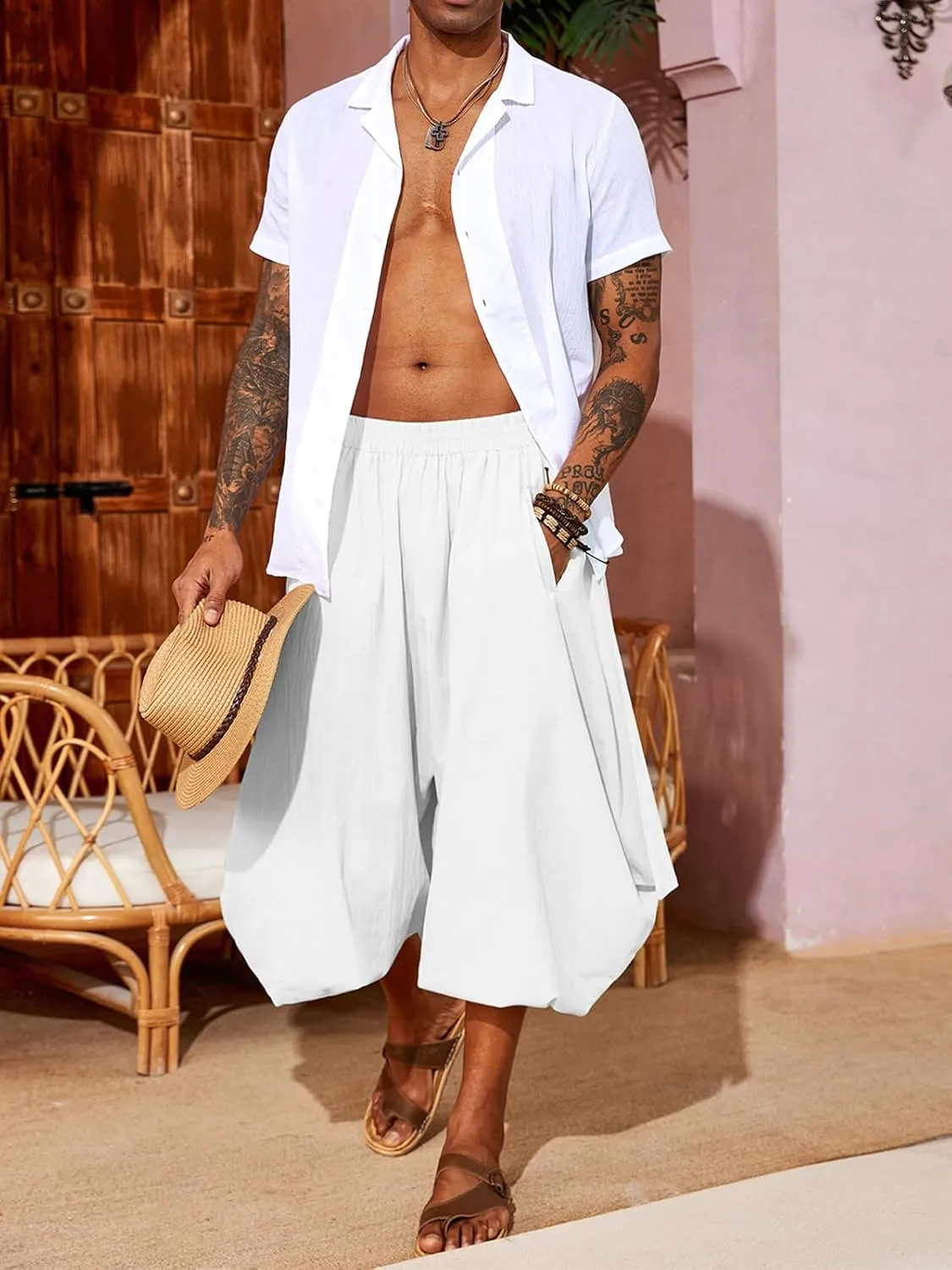 PASLTER Mens Harem Pants Linen Yoga Beach Baggy Summer Boho Aladdin Genie Pants