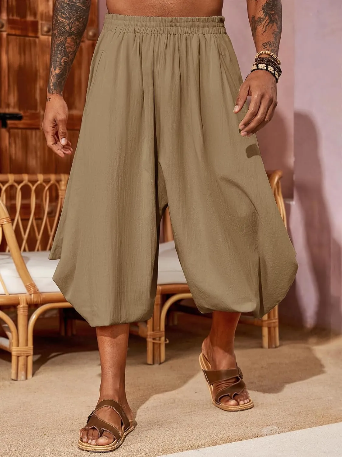 PASLTER Mens Harem Pants Linen Yoga Beach Baggy Summer Boho Aladdin Genie Pants