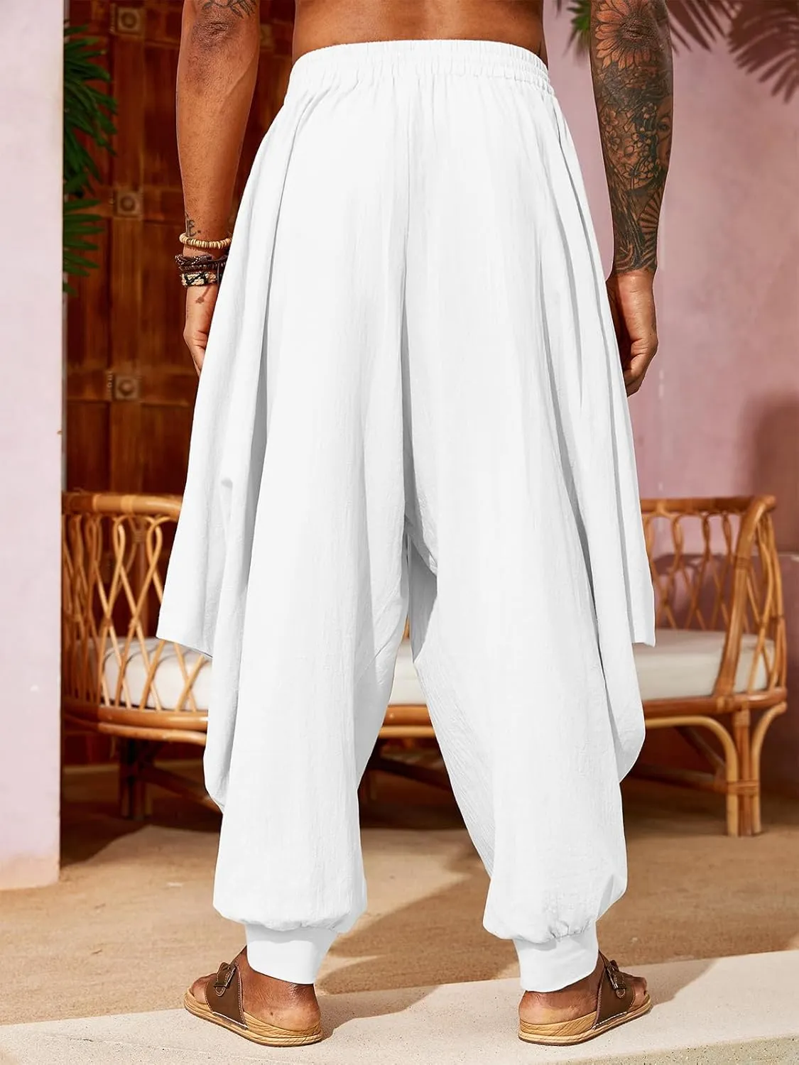 PASLTER Mens Harem Pants Linen Yoga Beach Baggy Summer Boho Aladdin Genie Pants