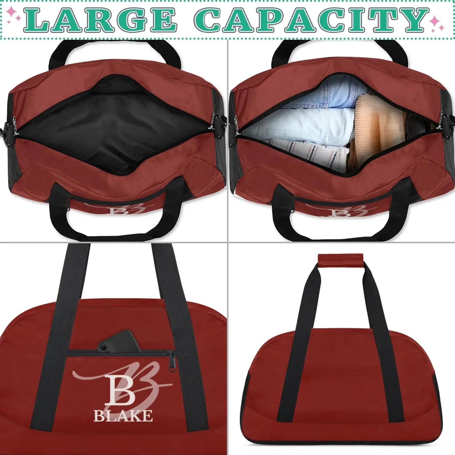 Personalize-Kids-Duffel-Bags With Custom Capital Name Text Dance-Sports-Bags Lightweight Carry-On Overnight Travel Gym for Girls Boys,Dark Red