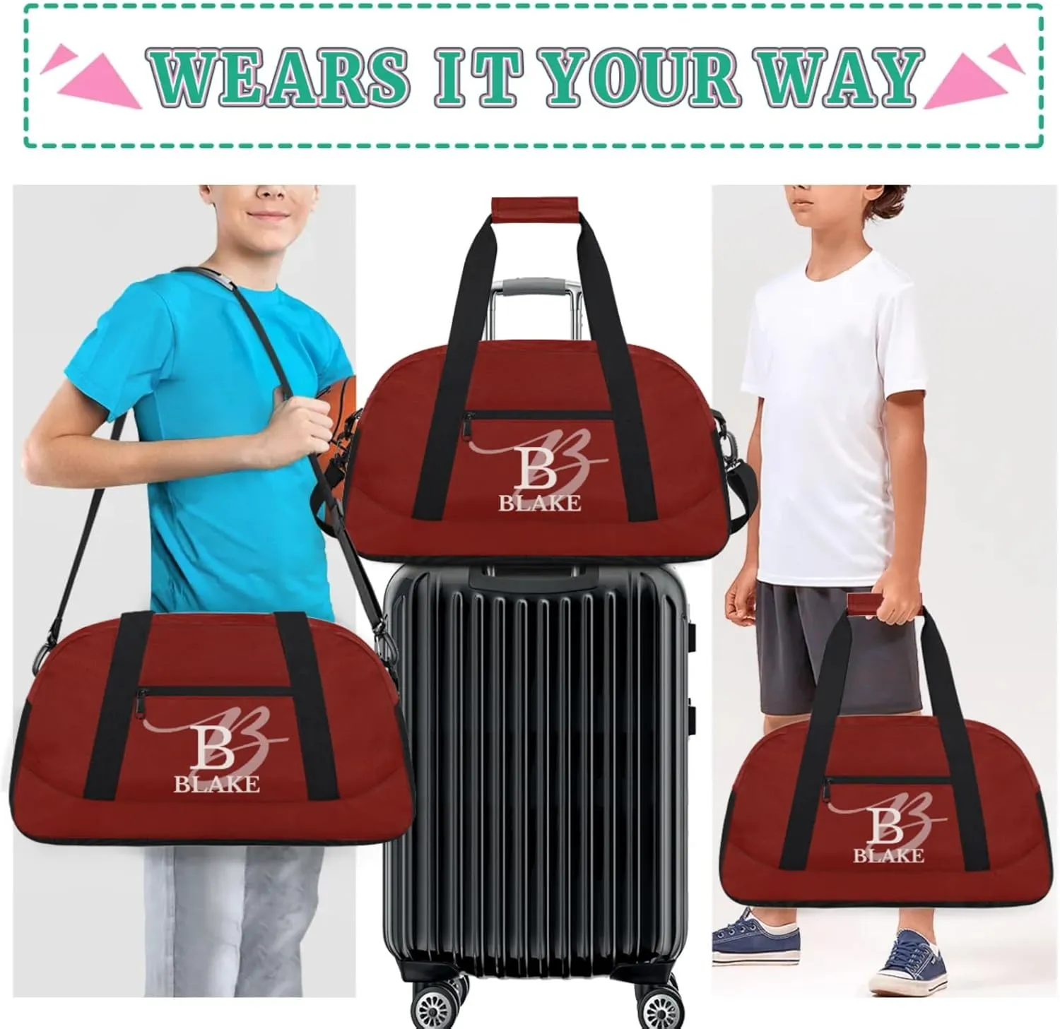 Personalize-Kids-Duffel-Bags With Custom Capital Name Text Dance-Sports-Bags Lightweight Carry-On Overnight Travel Gym for Girls Boys,Dark Red
