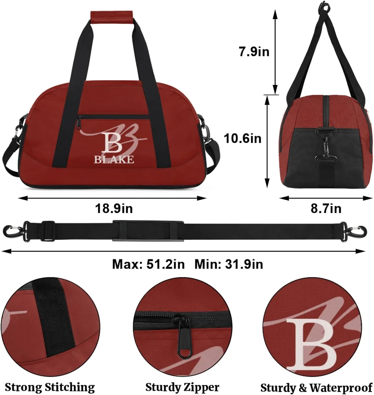 Personalize-Kids-Duffel-Bags With Custom Capital Name Text Dance-Sports-Bags Lightweight Carry-On Overnight Travel Gym for Girls Boys,Dark Red