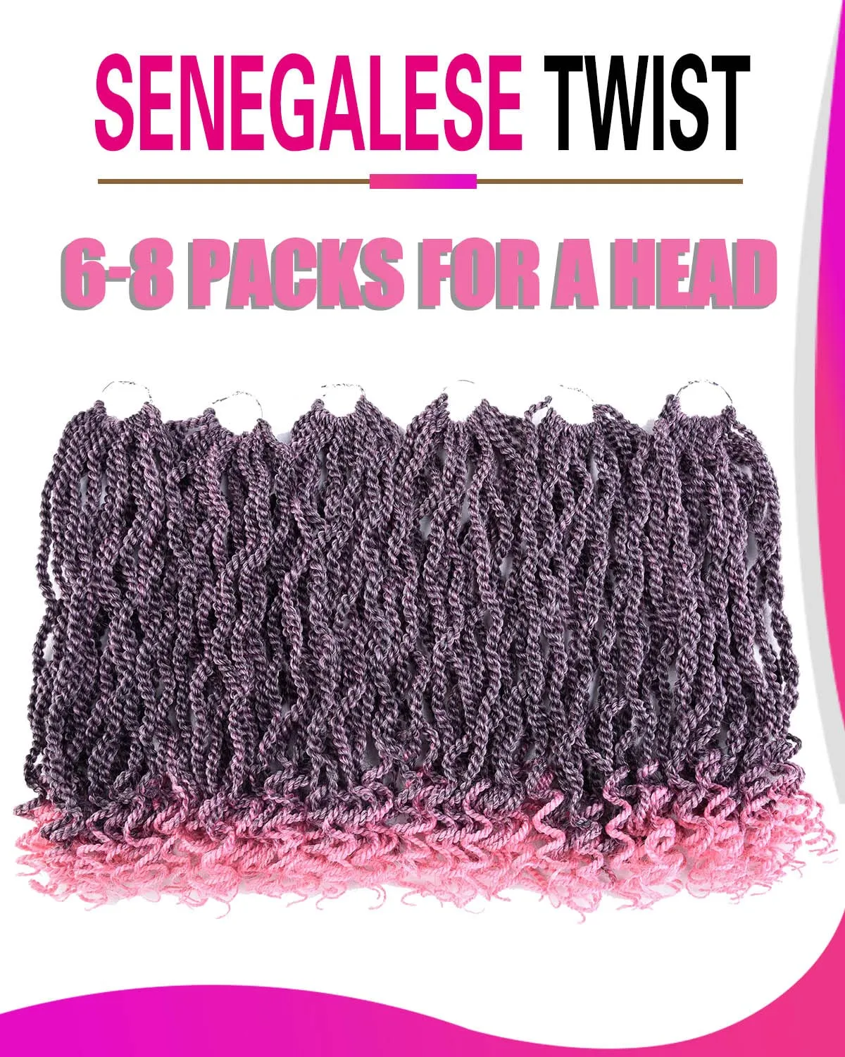 Pink Crochet Hair 12 Inch Senegalese Twist Braids Hair 6 Packs Pre-twisted Kids Pre-Lopped Small Crochet Hair for Black Women (1B/Pink#, 12 Inch）
