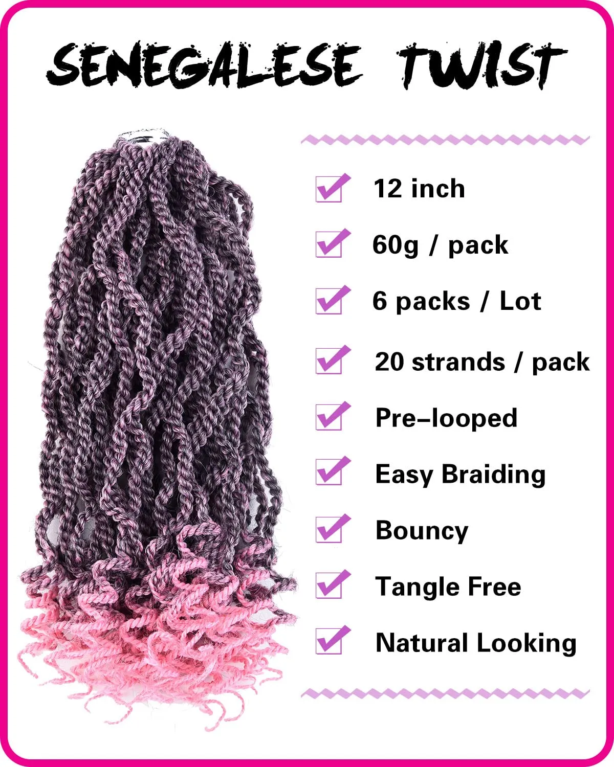 Pink Crochet Hair 12 Inch Senegalese Twist Braids Hair 6 Packs Pre-twisted Kids Pre-Lopped Small Crochet Hair for Black Women (1B/Pink#, 12 Inch）