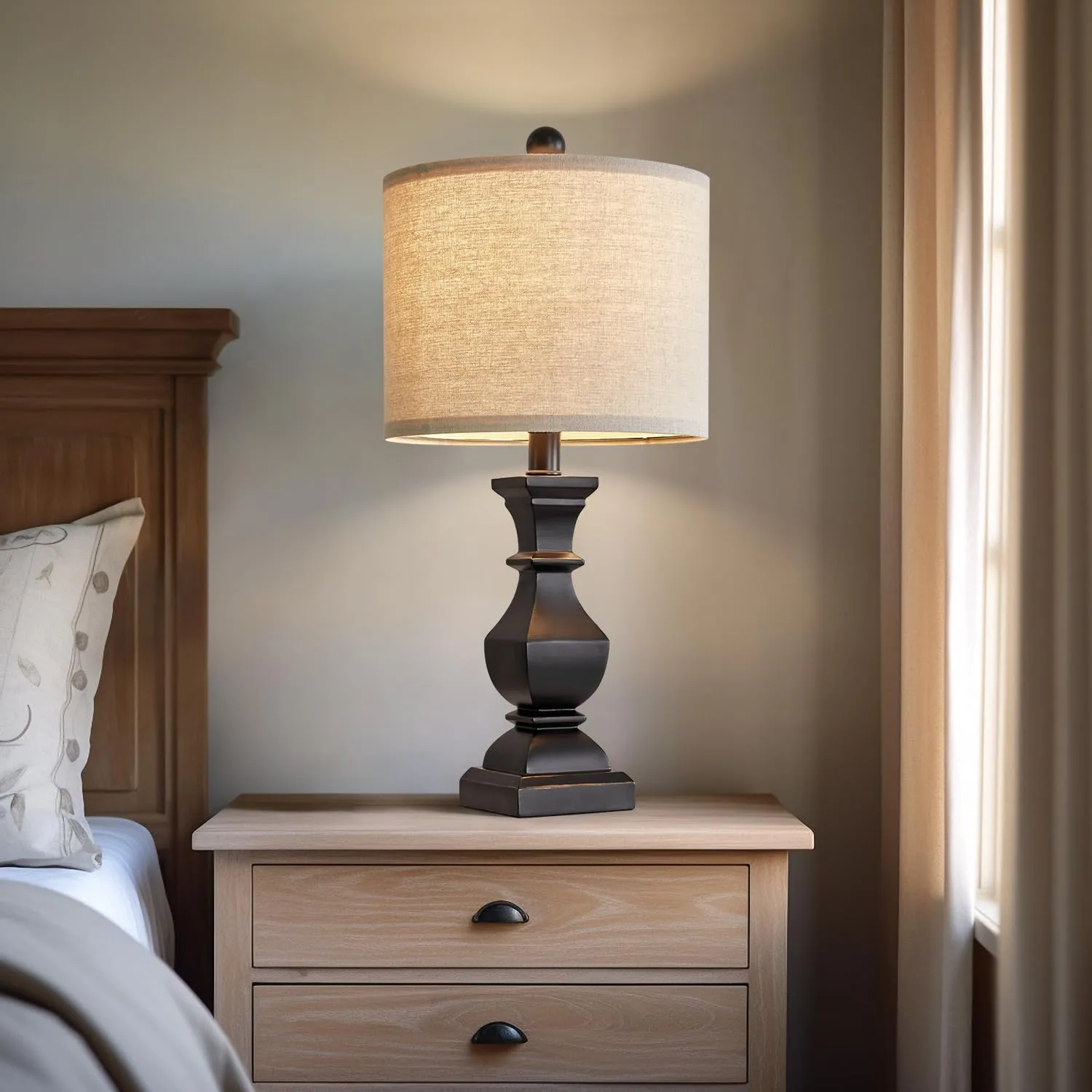 PoKat 20.5" Mid Century Table Lamp Sets of 2 for Living Room Retro Style Farmhouse Table Lamp for Bedroom Classic Beige Resin Bedside Night Light Lamps, Suitable for Small Place