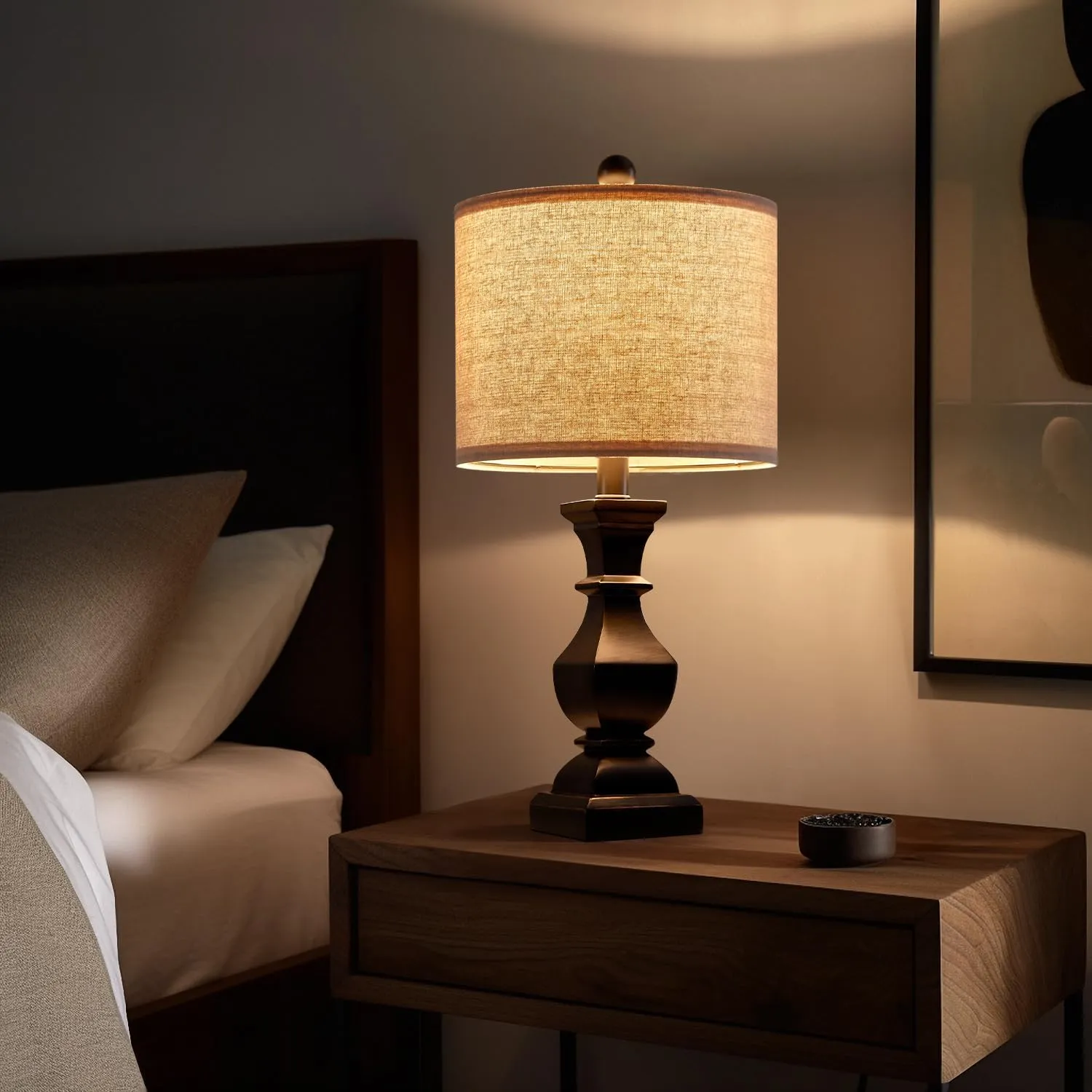 PoKat 20.5" Mid Century Table Lamp Sets of 2 for Living Room Retro Style Farmhouse Table Lamp for Bedroom Classic Beige Resin Bedside Night Light Lamps, Suitable for Small Place