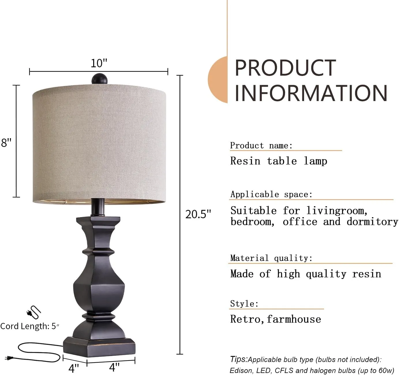 PoKat 20.5" Mid Century Table Lamp Sets of 2 for Living Room Retro Style Farmhouse Table Lamp for Bedroom Classic Beige Resin Bedside Night Light Lamps, Suitable for Small Place