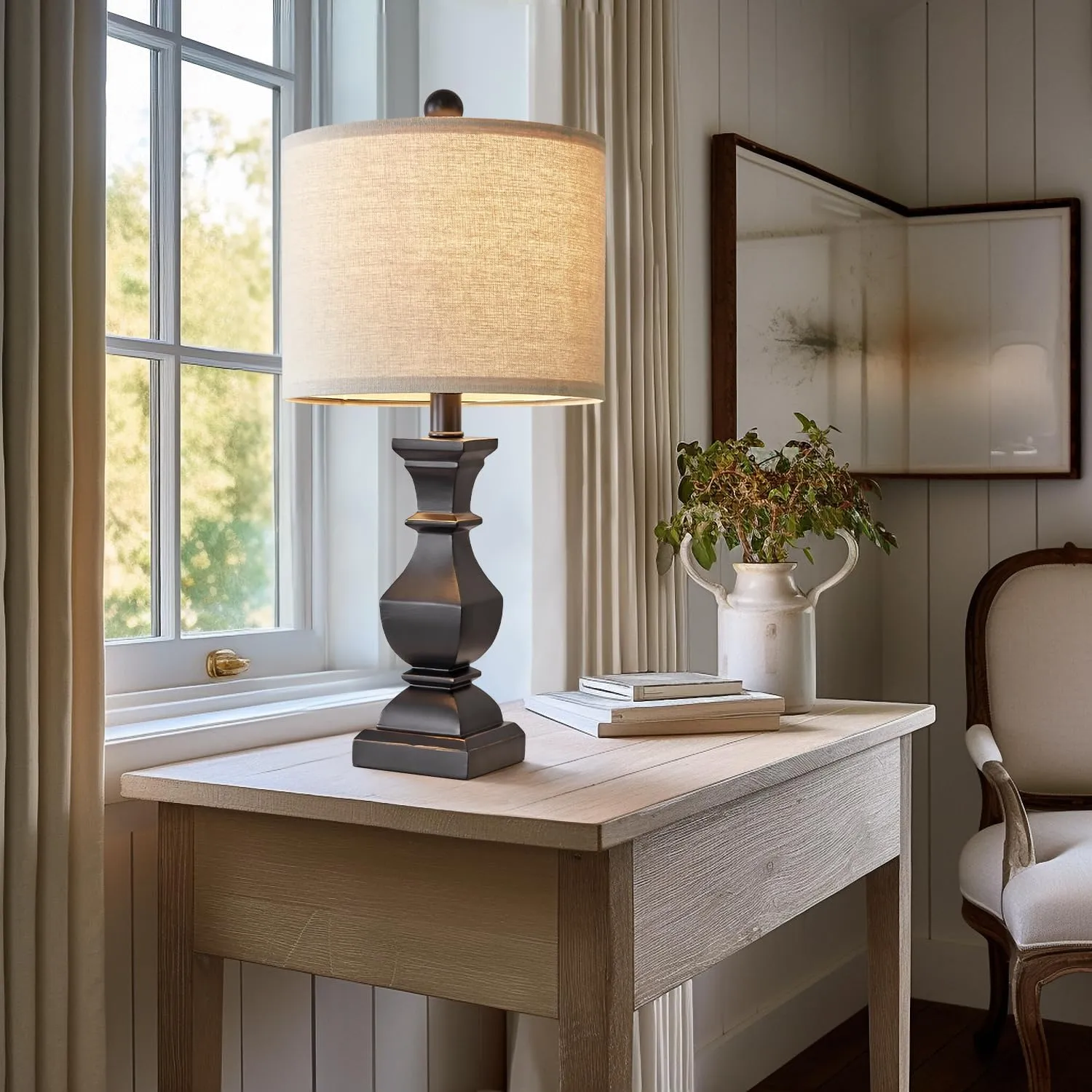 PoKat 20.5" Mid Century Table Lamp Sets of 2 for Living Room Retro Style Farmhouse Table Lamp for Bedroom Classic Beige Resin Bedside Night Light Lamps, Suitable for Small Place
