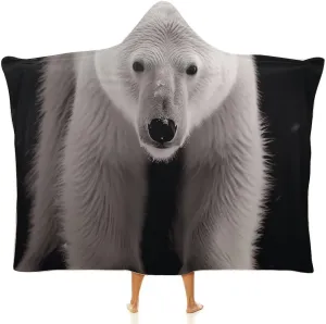 Polar Bear Hooded Blanket, Soft Arctic Velvet Wearable Throw for All-Season, Bed, Sofa, Camping
